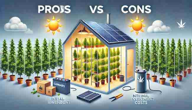 Solar panels on a rooftop powering a vibrant cannabis grow room, with a battery backup system and tools symbolizing energy savings, sustainability, and initial investment.