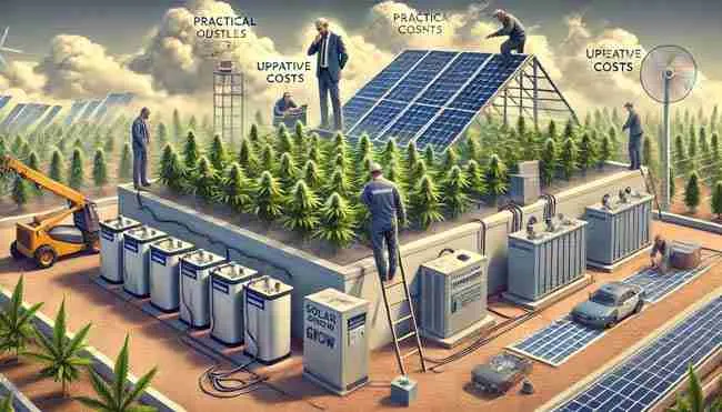 Rooftop solar panels with a technician inspecting a battery system, under a cloudy sky, illustrating costs, space requirements, and maintenance challenges.