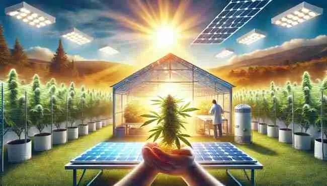 A glowing cannabis greenhouse powered by solar panels under a sunny sky, with a person holding a healthy cannabis plant, representing eco-friendly cultivation success.