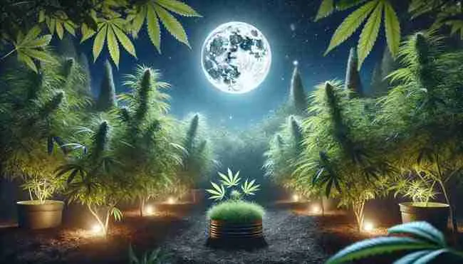 A tranquil night scene showing a young cannabis seedling growing in rich soil under a glowing crescent moon with twinkling stars in the background.