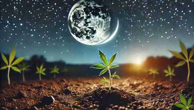 A tranquil night scene showing a young cannabis seedling growing in rich soil under a glowing crescent moon with twinkling stars in the background.