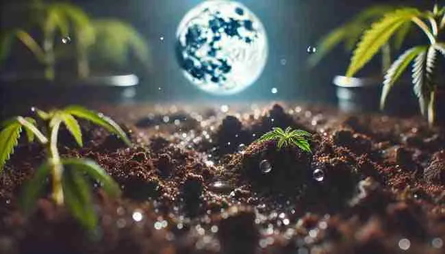 A serene close-up of rich, moist soil with visible water droplets shimmering under moonlight, emphasizing water movement and plant hydration.