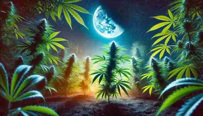 A vibrant garden at night under a waxing crescent moon, showcasing young cannabis seedlings thriving and reaching upward toward the sky.