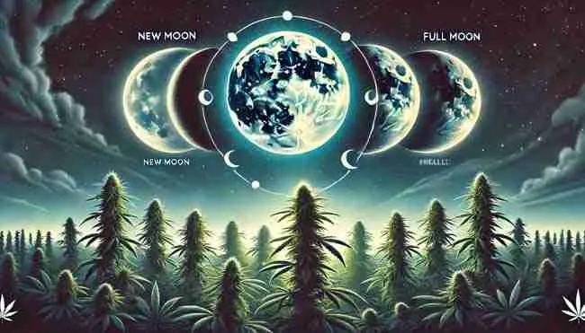A peaceful garden illuminated by a bright full moon, casting soft light over lush cannabis plants at peak growth with a starry sky in the background.