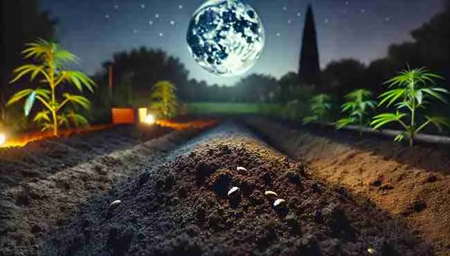 A peaceful nighttime garden under a waning crescent moon, with cannabis plants being carefully pruned and tended for root-focused growth.