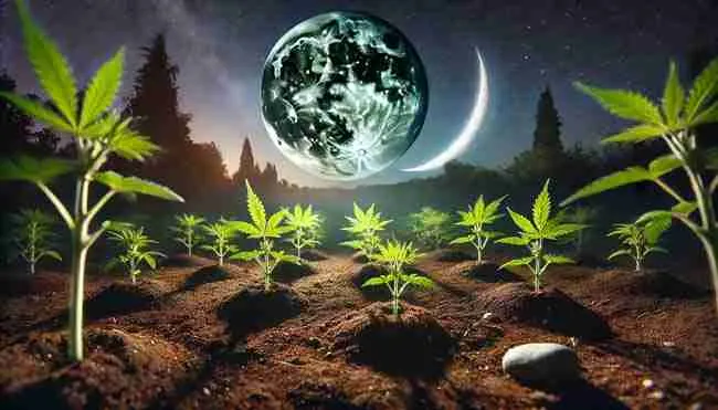 A tranquil garden scene featuring cannabis seeds being sown into rich, moist soil under a Waxing Crescent Moon, with young seedlings sprouting nearby.