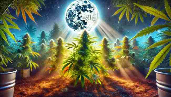 A serene garden illuminated by a bright full moon, highlighting vibrant cannabis plants and the tasks of fertilizing and growth monitoring.