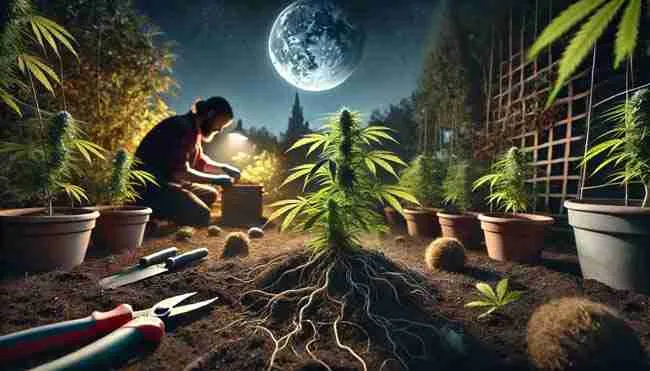A tranquil nighttime garden showing cannabis plants softly bathed in moonlight, emphasizing the subtle influence of lunar cycles on plant behavior.