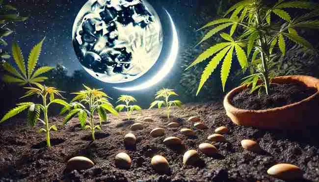 A serene cannabis garden under a bright full moon, highlighting the interplay between moonlight and cannabis growth cycles.
