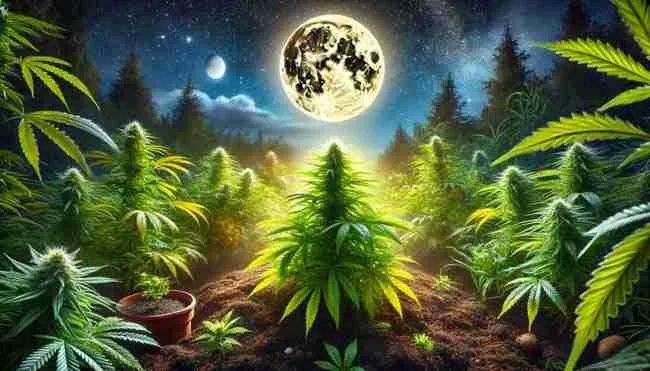 A serene nighttime garden showing lush cannabis plants ready for harvest under a waning crescent moon, with moonlight emphasizing ripe buds.