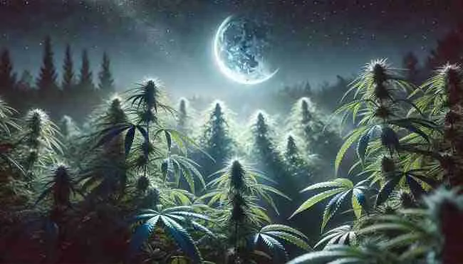 A peaceful cannabis garden at night under a waning crescent moon, with ripe buds ready for harvest and subtle moonlit details reflecting optimal timing.