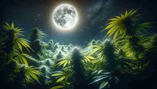A balanced garden scene at night showing lush cannabis plants thriving under a glowing moon, with tools and a lunar calendar symbolizing planning.