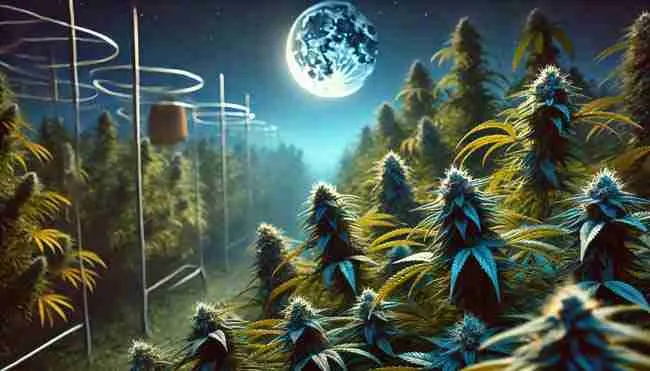 A serene nighttime garden depicting ideal conditions for a lunar cannabis grow, with organic soil, healthy plants, and a glowing moon overhead.