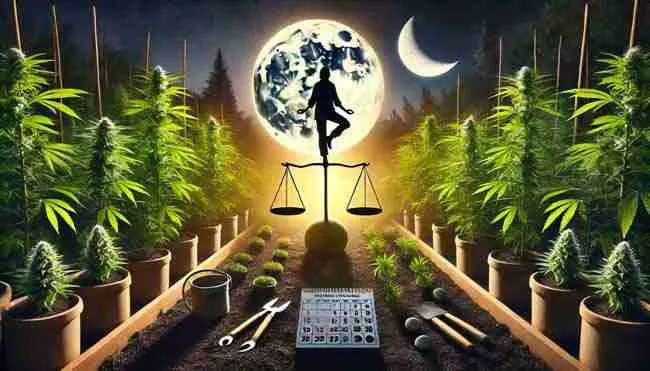 A horizontal nighttime garden scene with a lunar calendar, thriving cannabis plants, and tools reflecting a grow calendar for 2025 under moonlight.