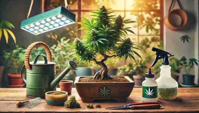 A well-maintained cannabis bonsai plant in a decorative pot, surrounded by gardening tools, LED grow light, and nutrient bottles, representing the art and science of cultivation.