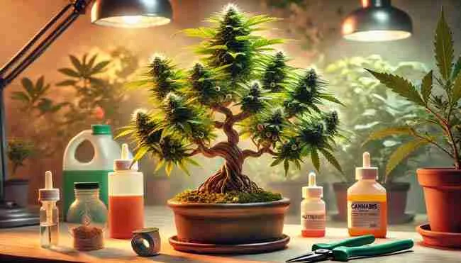 A thriving cannabis bonsai plant with well-pruned branches, budding flowers, and balanced airflow under grow lights, symbolizing improved growth through training and care.