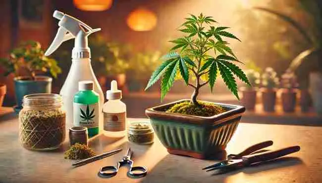 A young cannabis bonsai plant in early growth, with soft ties guiding its structure, surrounded by pruning scissors, a watering can, and nutrients in a warm indoor grow space.