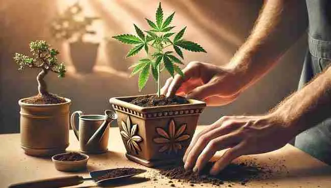 A young cannabis plant being carefully transplanted from a small starter pot into a larger bonsai container, with healthy roots and gardening tools nearby for proper care.