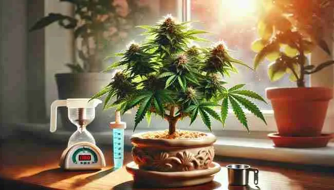 A thriving Blueberry cannabis bonsai plant in a decorative pot on a sunny windowsill, trained into a star shape with soft ties, with an LED light nearby and a measuring cup for careful watering.