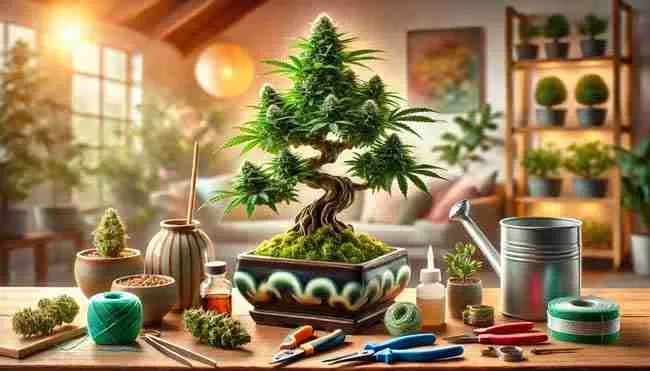 A beautifully cultivated cannabis bonsai plant in a decorative pot, surrounded by pruning scissors, soft ties, a watering can, and a pH meter, symbolizing the rewarding art of bonsai cultivation.