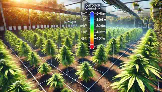 Outdoor cannabis garden thriving under ideal growing conditions with ample sunlight, balanced temperatures, nutrient-rich soil, light breezes, and proper irrigation.