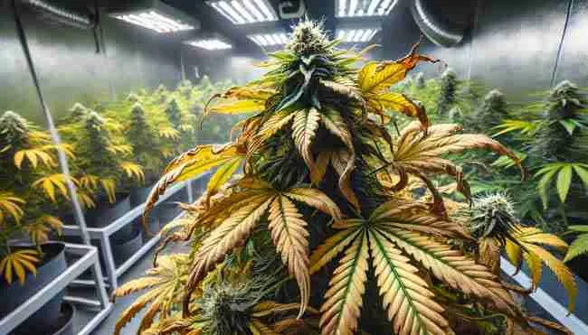 Stressed cannabis plant with yellowing, wilting, and curling leaves in an indoor grow setup, highlighting early signs of plant distress.