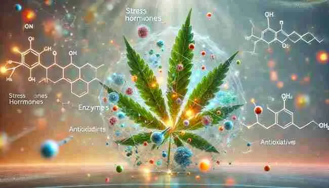 Artistic visualization of a cannabis plant’s internal chemical responses, showing stress hormones, enzymes, and antioxidants at work inside the plant.
