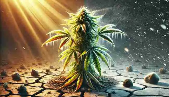 Cannabis plant under environmental stress, with one side facing intense heat and light, the other side cold and frosty, and soil showing water and nutrient imbalances.