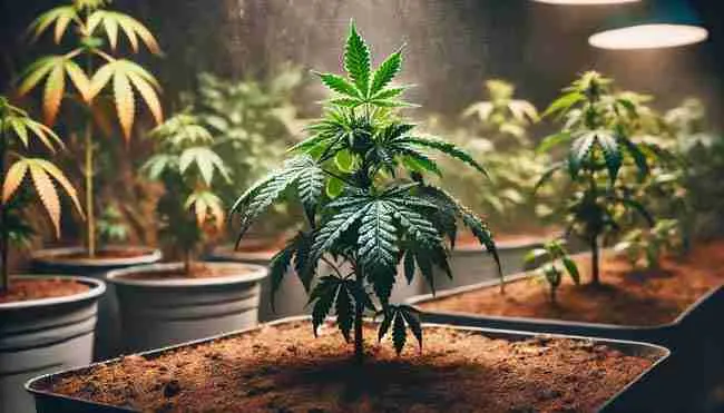 Stressed cannabis plant with stunted growth, fewer leaves, and shorter stems, showing signs of yellowing and curling in an unevenly lit grow environment.