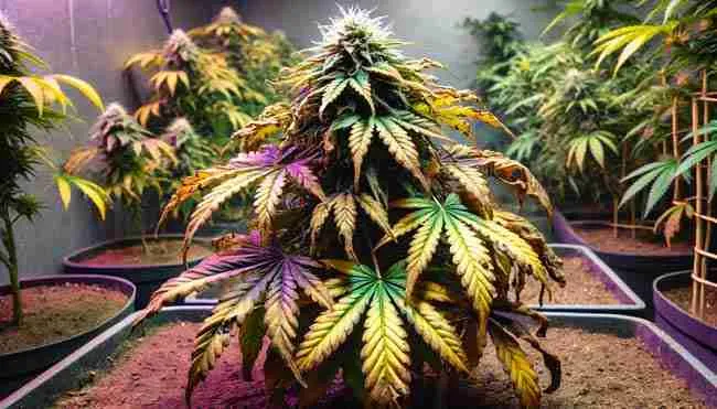 Cannabis plant with nutrient uptake issues, showing yellowing leaves, brown edges, and smaller buds in a dimly lit indoor grow setup with poor nutrient absorption.