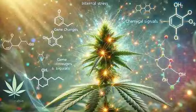 Artistic visualization of internal stress signals in a cannabis plant, showing glowing pathways, gene changes, and chemical signals managing stress adaptation.
