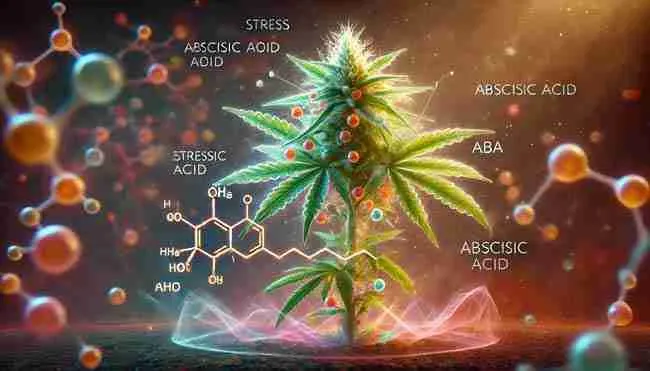 Scientific visualization of a cannabis plant's biochemical stress response, showing glowing molecular structures of stress hormones and closing stomata.