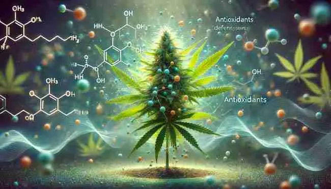 Scientific visualization of a cannabis plant's antioxidant defense, showing glowing molecules neutralizing free radicals and protecting plant cells from stress.