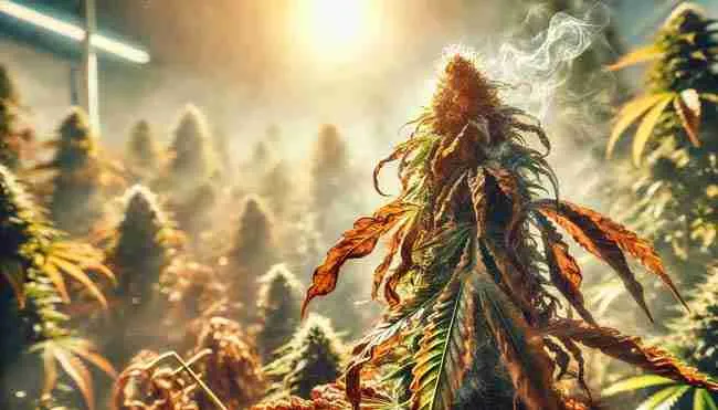 Cannabis plant suffering from heat stress, with wilted, curled leaves and brown, crispy edges under intense sunlight