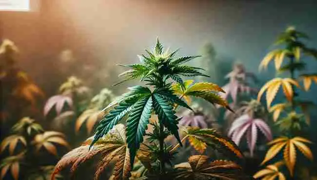 Cannabis plant recovering from heat stress, with some curled leaves but new healthy growth emerging under improved conditions.