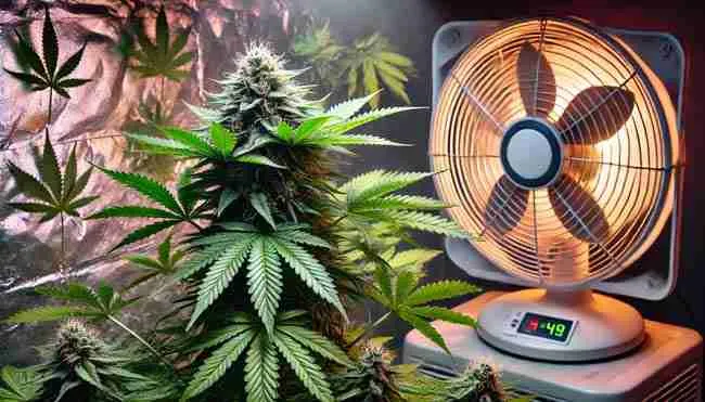 Cannabis plant recovering from heat stress with new healthy growth, improved ventilation, and balanced lighting for optimal recovery.