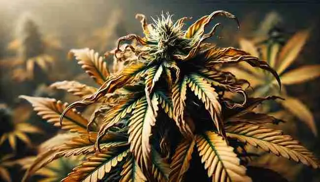 Stressed cannabis plant with yellowing leaves, crispy burnt edges, wilting, and curling foliage, showing signs of extreme environmental stress.