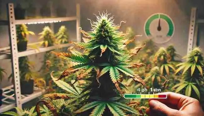 Cannabis plant steadily recovering from heat stress, with new healthy growth emerging while older leaves show slight damage in a balanced environment.
