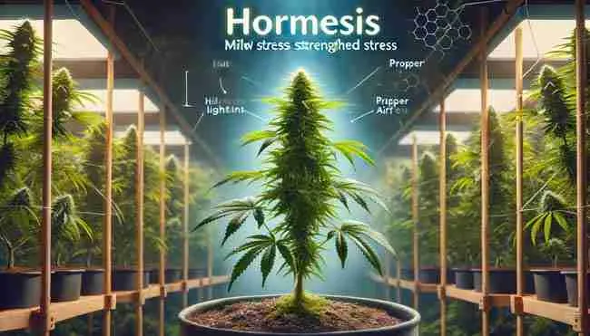 Thriving cannabis plant showing resilience after mild stress, with deep green leaves and strong stems in a well-managed grow environment.