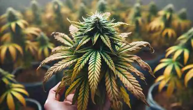 Cannabis plant showing signs of excessive stress, with minor leaf curling, discoloration, and slowed growth in a suboptimal environment.