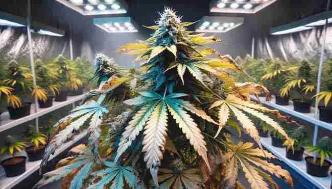 Cannabis plant showing signs of light stress, with some leaves bleached from excessive light while other areas appear stretched and weak due to underexposure.