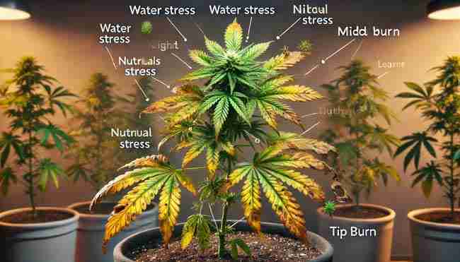 Cannabis plant displaying multiple stress factors, including water stress with wilting leaves, nutrient stress with yellowing and tip burn, and minor pest damage in an indoor grow setup.