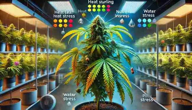 Cannabis plant affected by multiple stress factors, including heat stress, nutrient imbalance, water stress, and minor pest damage in an indoor grow setup with controlled lighting and airflow.