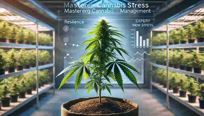 Healthy, thriving cannabis plant in an optimal growing environment with lush green leaves, proper lighting, and balanced ventilation, symbolizing expert stress management
