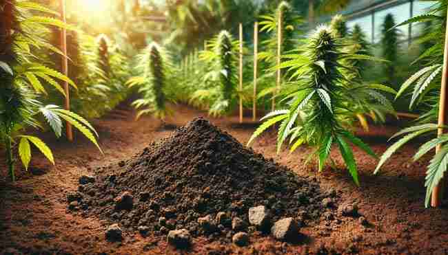 "Lush cannabis plants thriving in nutrient-rich soil, with a pile of mineral-rich rock dust in the foreground, bathed in warm sunlight for optimal growth