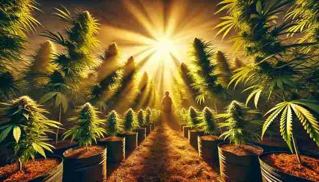 Flourishing cannabis garden bathed in warm sunlight, with tall, healthy plants and rich soil, symbolizing the long-term benefits of using rock dust.