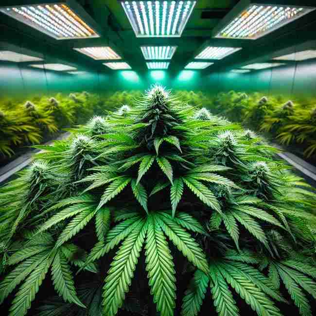 Lush, even cannabis canopy illuminated by grow lights in a controlled indoor grow setup.