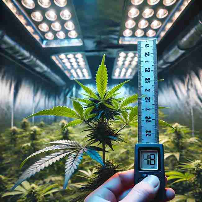 Close-up of a cannabis plant under grow lights with a measuring scale indicating proper light distance.