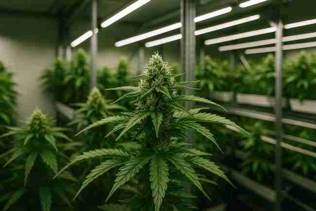 Thriving indoor cannabis cultivation setup with vertical grow systems under LED lighting.