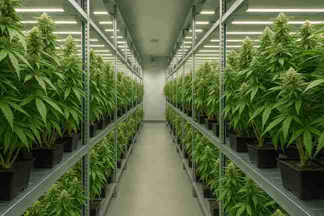 Indoor vertical farming setup showing multiple tiers of healthy cannabis plants under bright LED lights.